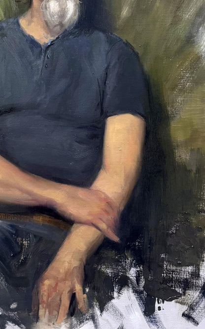 Oil painting Thoughts of Jose Annam Butt: older man in navy henley shirt