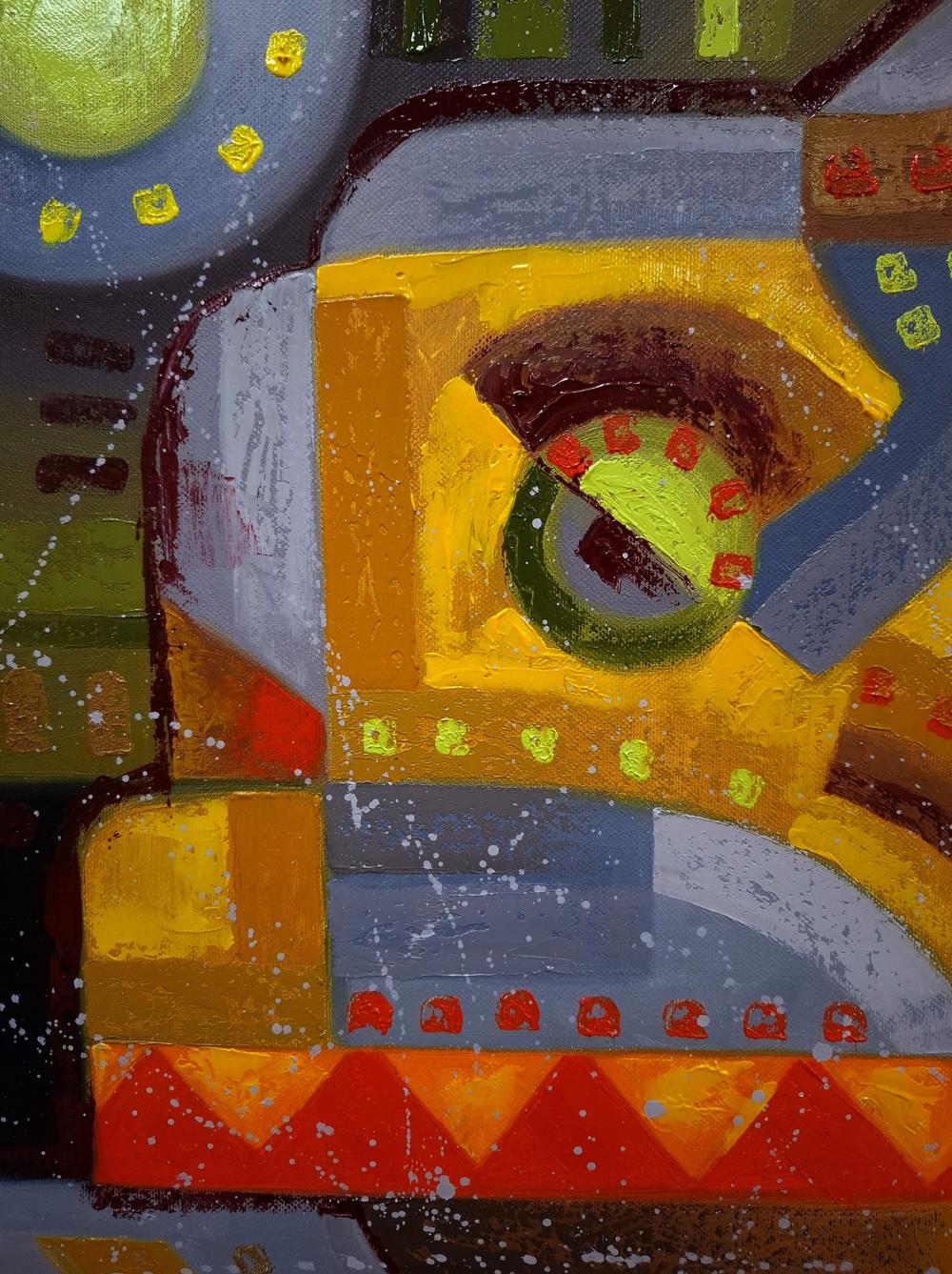 Vibrant abstract oil painting Near the crosswalk by Sergiy Voichenko with bold geometric shapes in yellow, orange, gray and white splatters