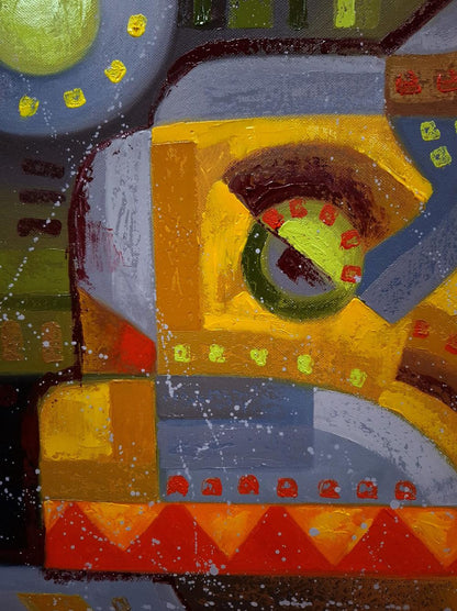 Vibrant abstract oil painting Near the crosswalk by Sergiy Voichenko with bold geometric shapes in yellow, orange, gray and white splatters