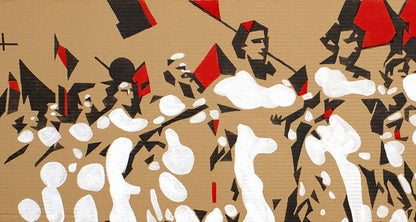 Acrylic painting Transparency of epoch by Dima Filatov, abstract figures in black red white on tan cardboard