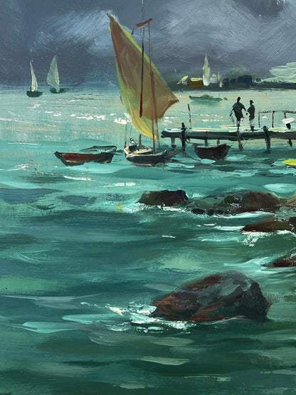 Oil painting of sailboat with tan sail at pier by Yuriy Suprunchuk
