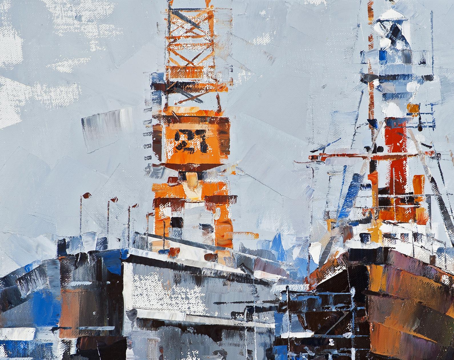 Oil painting of orange white crane 27 in Amrumbank lighthouse ship scene by Volodymyr Gluhomanyuk