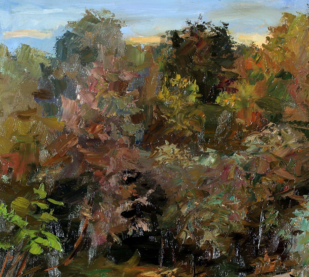 Impressionistic oil painting by Boris Serdyuk: textured foliage under blue sky