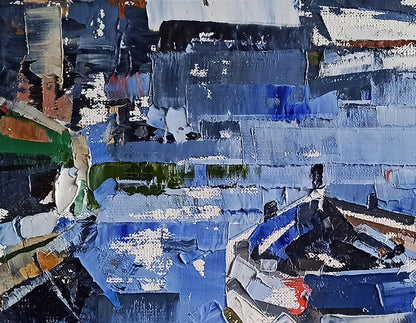 Oil painting Moored boat by Volodymyr Gluhomanyuk with bold blue textured layers