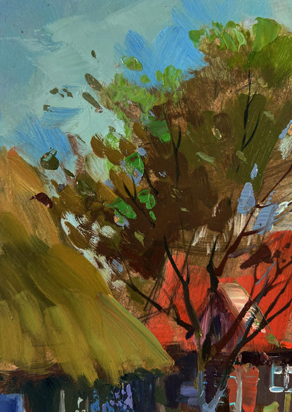Oil painting Geese in the village by Yuriy Suprunchuk with vibrant tree