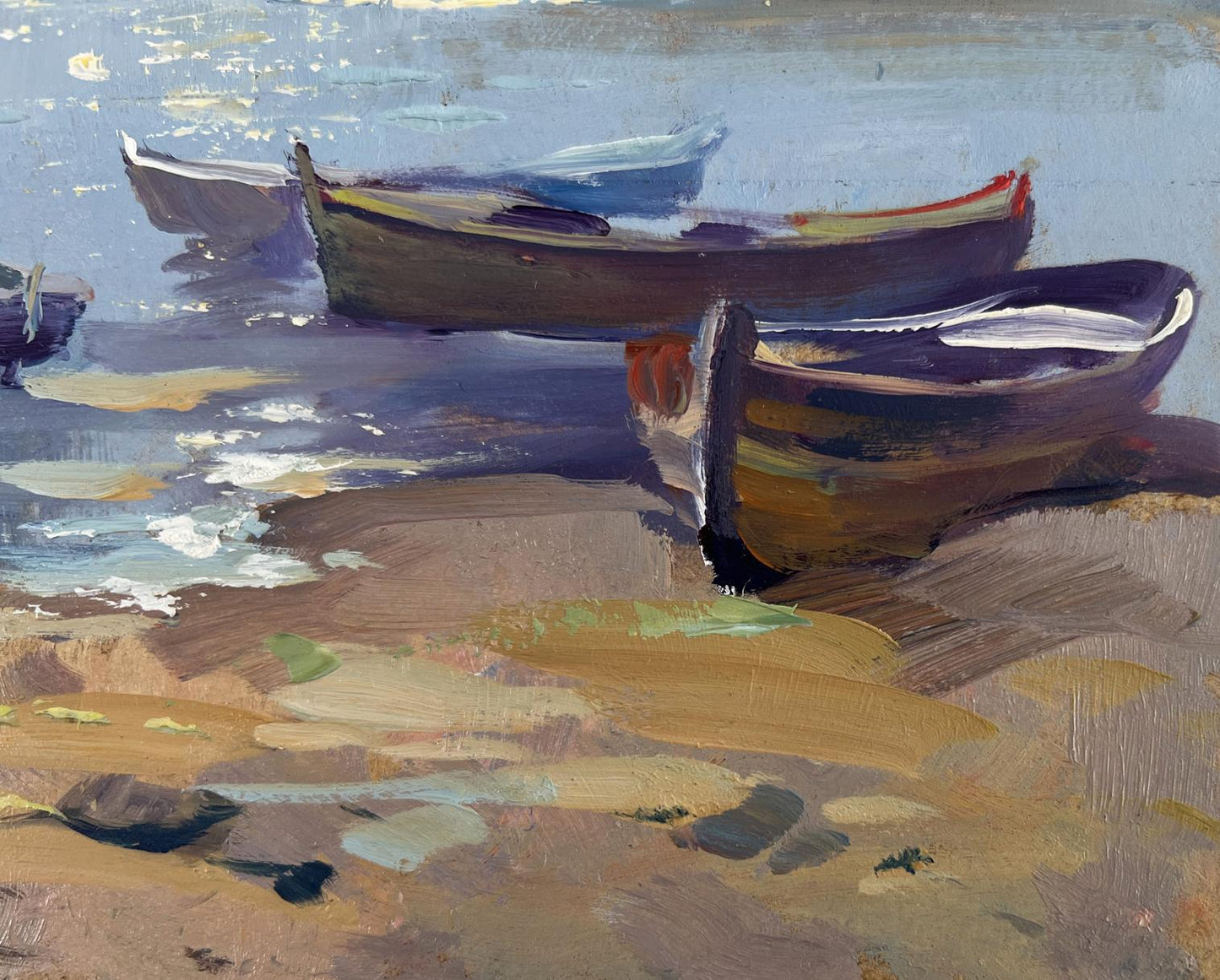 Oil painting of three weathered rowboats under moon by Yuriy Suprunchuk