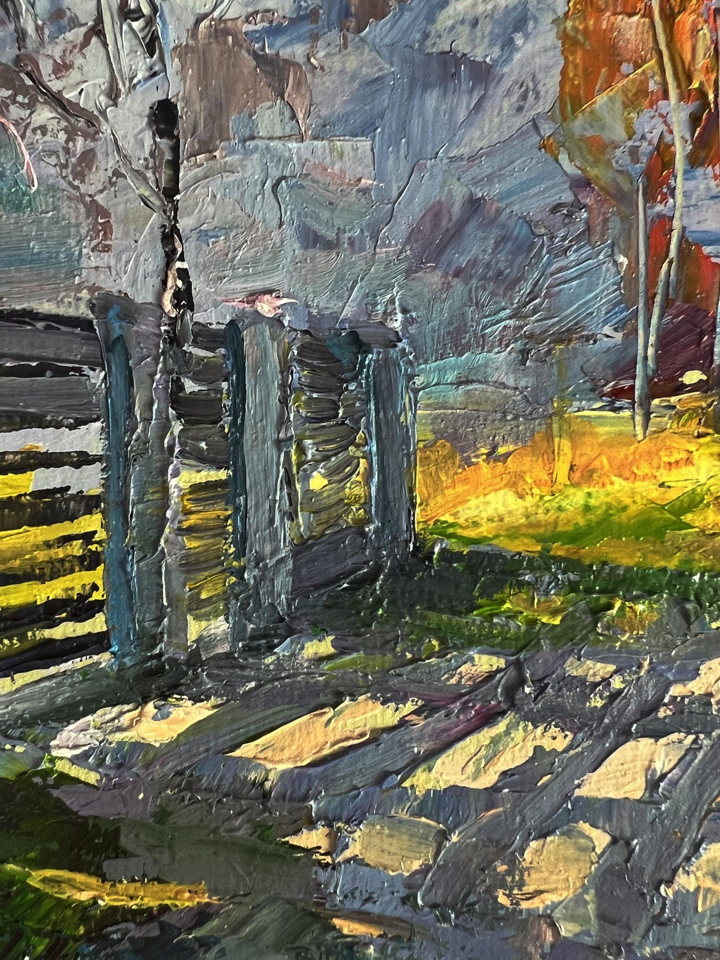 Oil painting Cold autumn wind by Boris Serdyuk, textured rustic fence