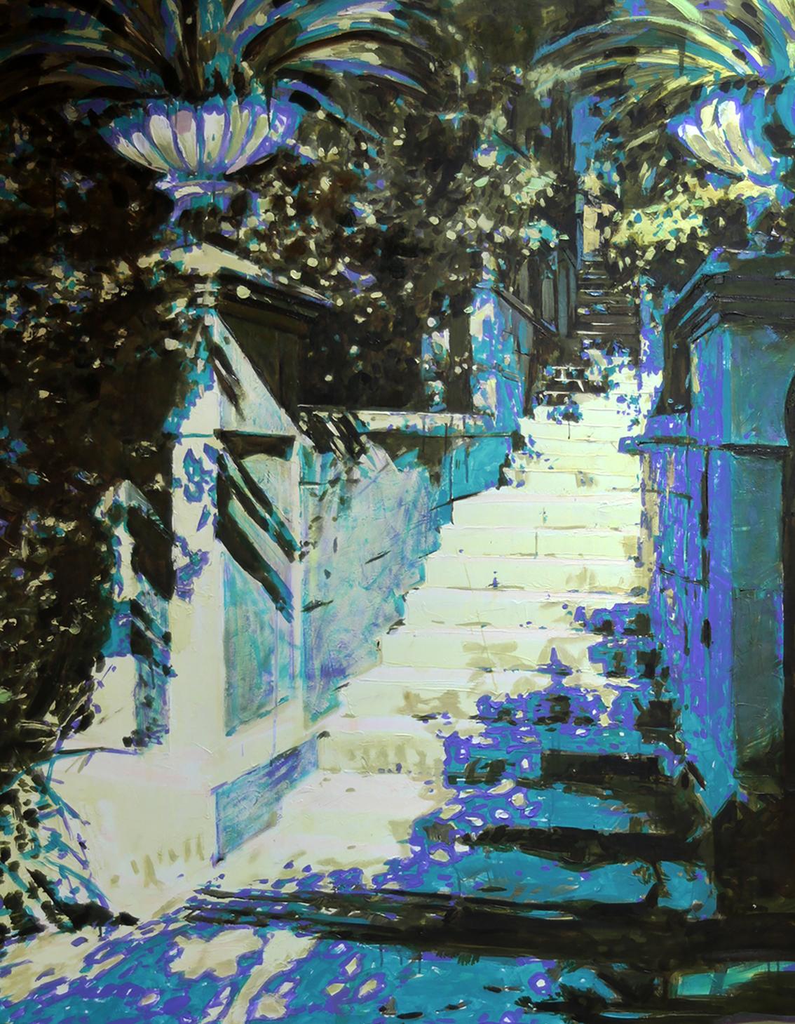 Oil painting Midday by Ed Potapenkov: stone staircase with palms and pillars