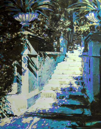 Oil painting Midday by Ed Potapenkov: stone staircase with palms and pillars