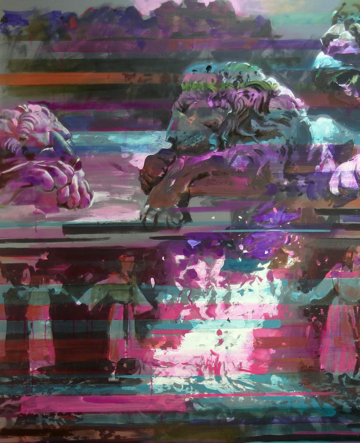 Oil painting Rite Ed Potapenkov: glitch lion statues in purple pink
