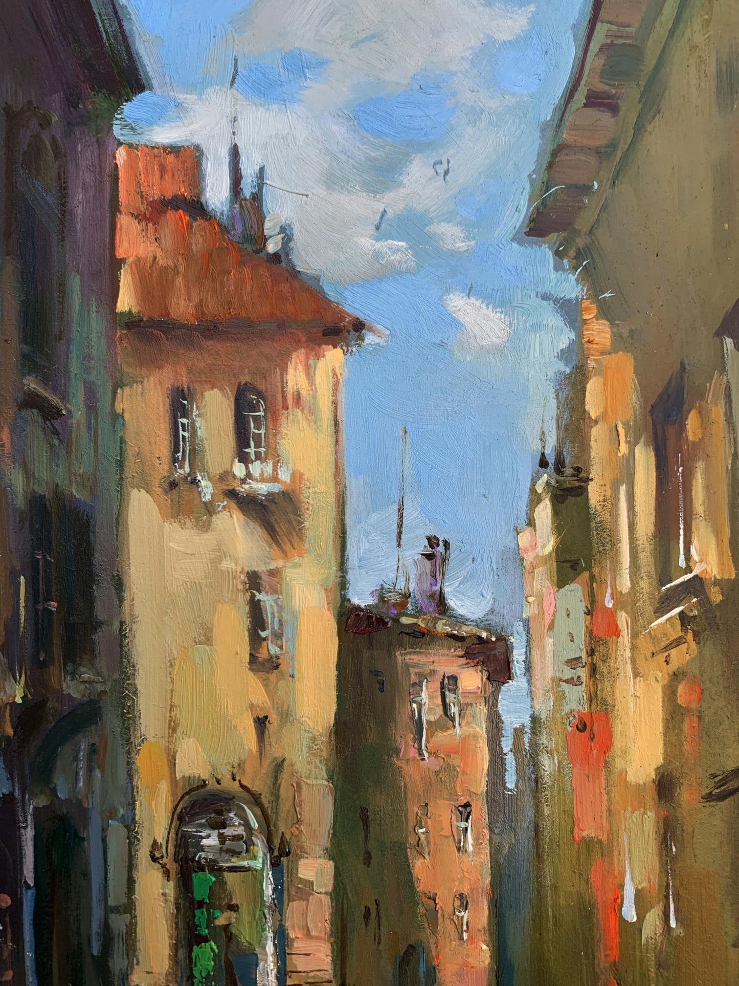 Vibrant impressionist oil painting by Yuriy Suprunchuk of sunlit European alleyway