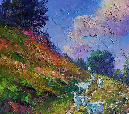 Vibrant impressionist oil painting by Boris Serdyuk of white goats on hillside