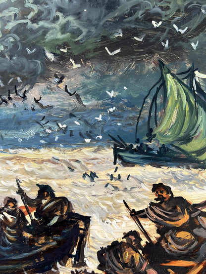 Oil painting of Jesus by seashore with green sailboat in stormy seas by Alexander Litvinov