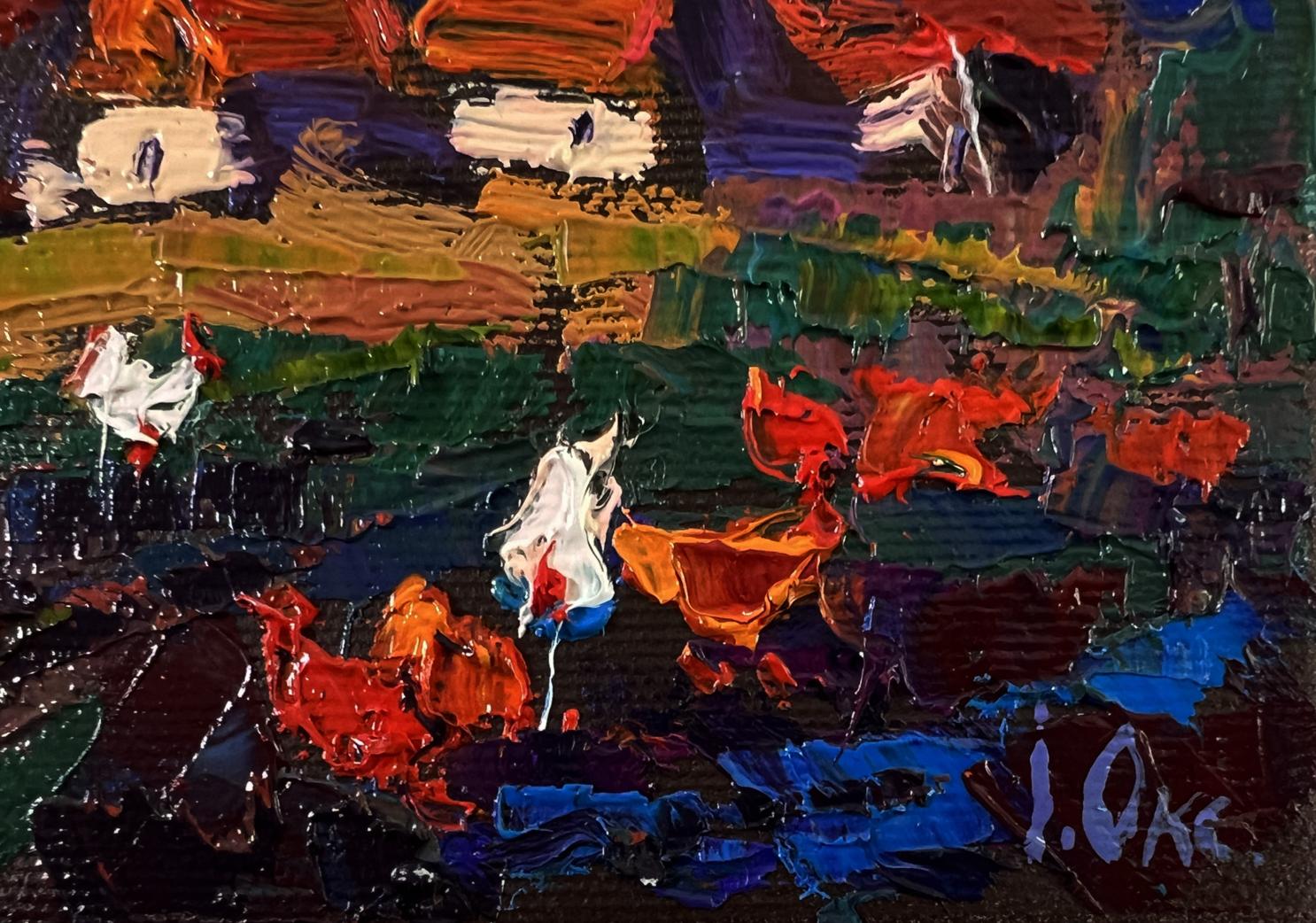 Vibrant Evening Village oil painting by Oksana Ivanyuk with bold impasto strokes