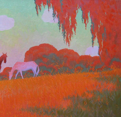 Oil painting Summer evening in the meadows by Valery Savenets: pink horse grazing golden grass under red tree