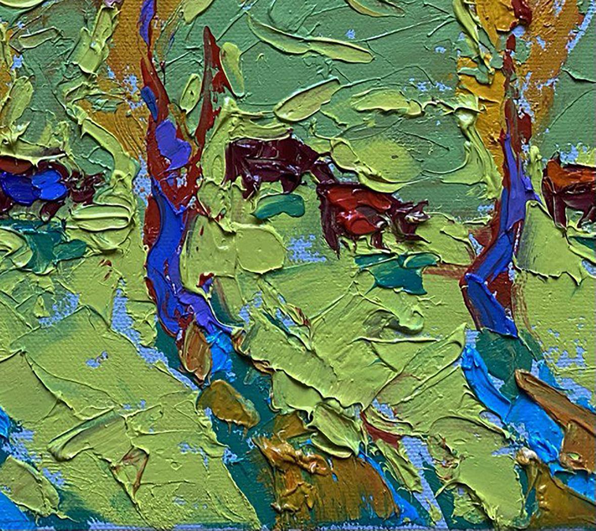 Oil painting Sunny Meadows by Oleksiy Ivanyuk with vibrant green blue red impasto