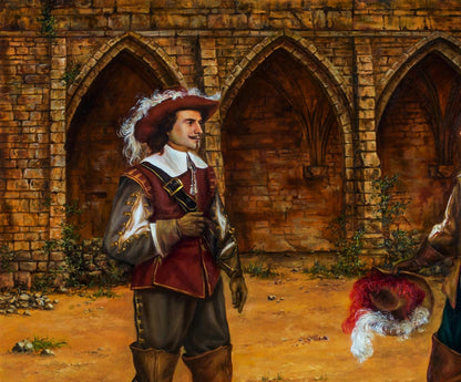 Oil painting of 17th-century man in red doublet, Miracle Balm Valeriy Bulat