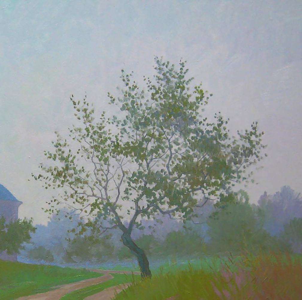 Oil painting of solitary curved tree in September autumn morning by Valery Savenets