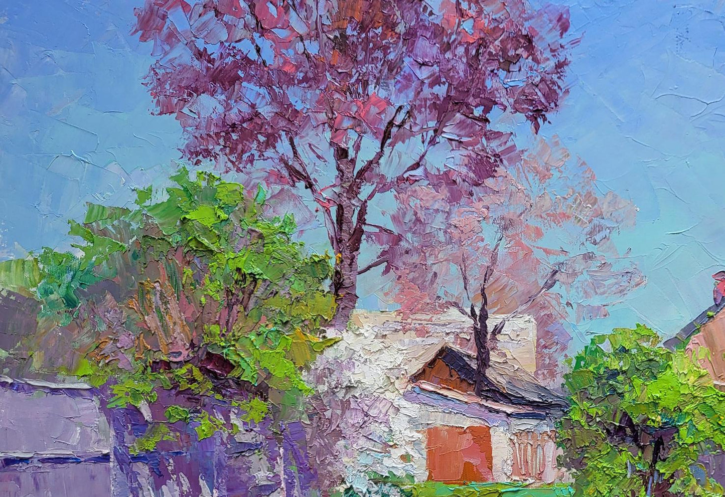 Vibrant impressionist oil painting Flowering garden Boris Serdyuk with pink tree