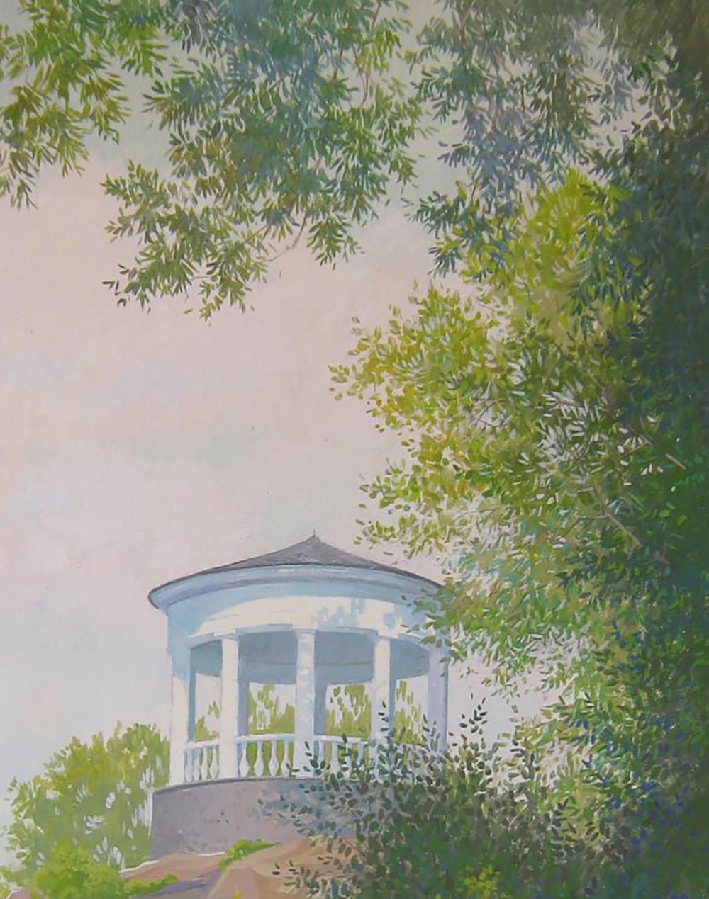 White gazebo with classical columns in lush park foliage by Valery Savenets