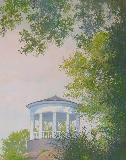 White gazebo with classical columns in lush park foliage by Valery Savenets