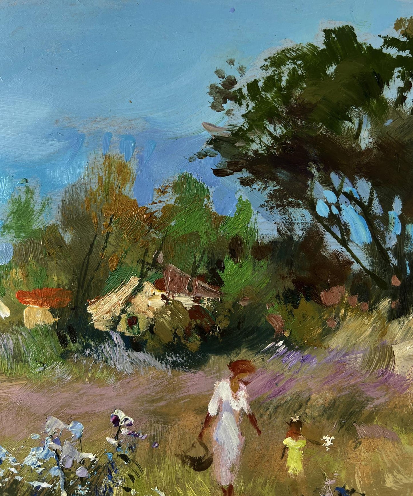Oil painting by Yuriy Suprunchuk: woman and child in white dress walk flower field