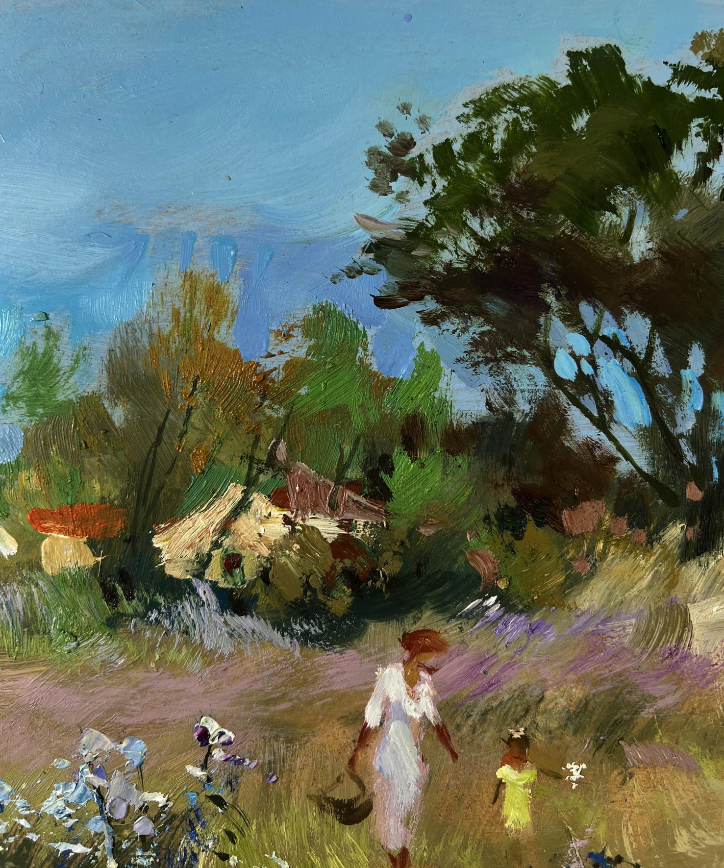Oil painting by Yuriy Suprunchuk: woman and child in white dress walk flower field