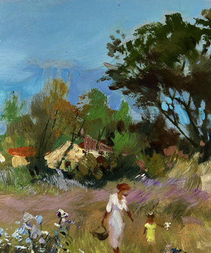 Oil painting by Yuriy Suprunchuk: woman and child in white dress walk flower field