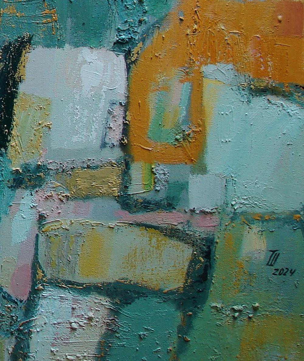 Oil painting Autumn fields by Tatyana Shulyak in teal orange hues
