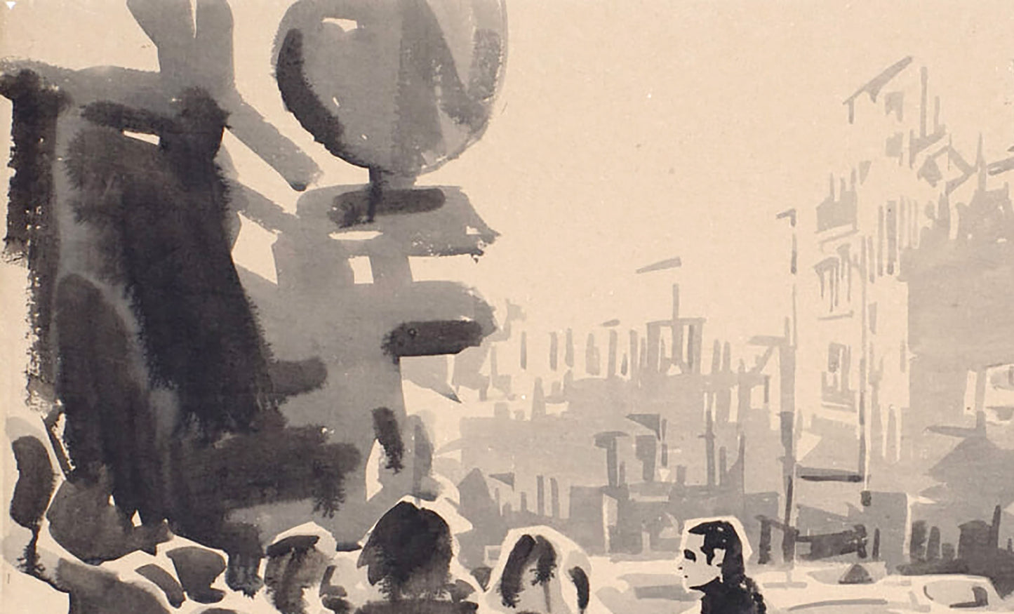 Stylized ink wash painting by Dima Filatov: towering abstract urban sculpture