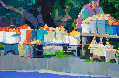 Vibrant impressionistic oil painting of roadside market stall by Natalia Korf-Ivaniuk