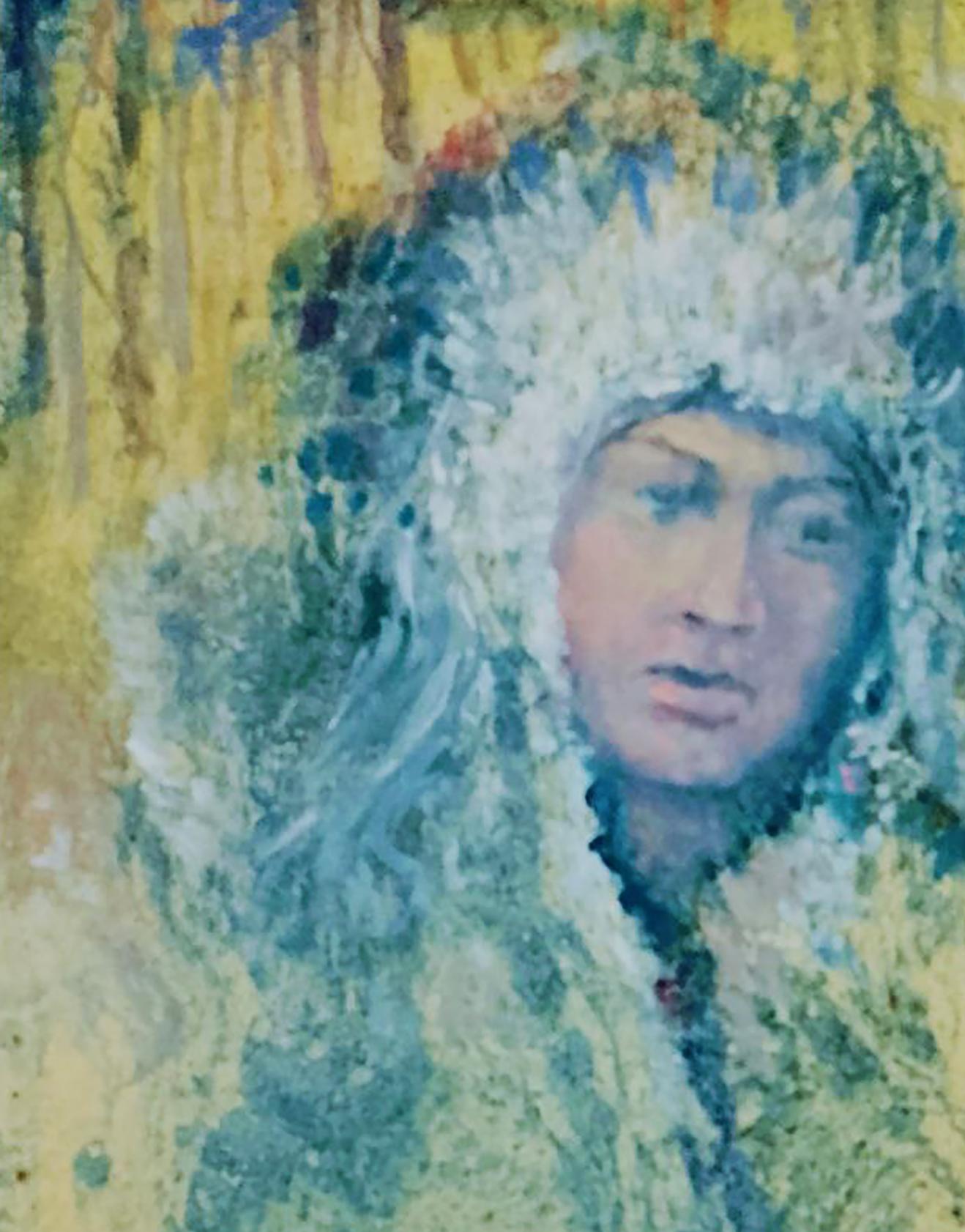 Oil painting by Vitaly Duhnevich: woman in white fluffy fur hat and coat