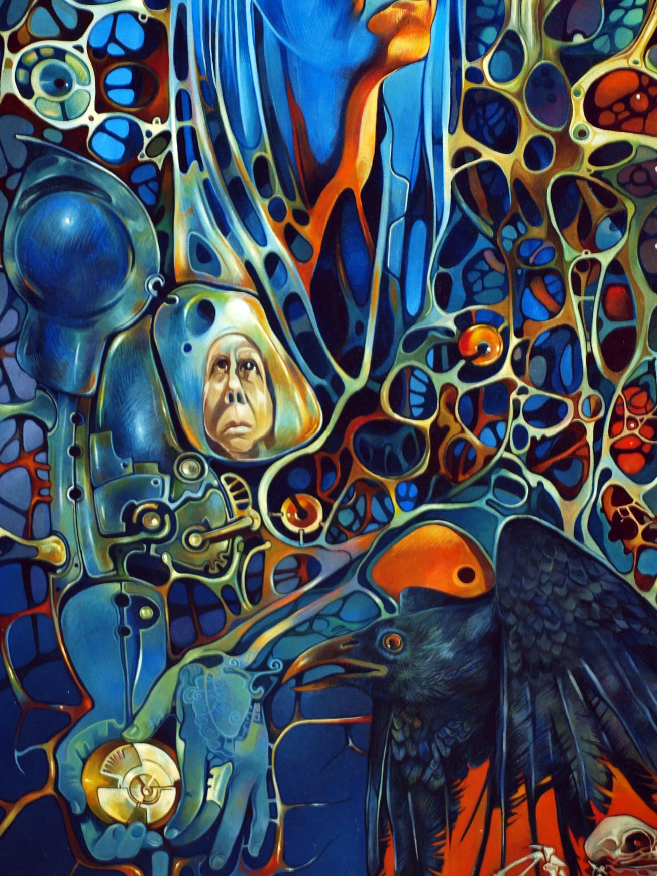 Oil painting Thirteenth unpaired Konsta G. Amelinn: surreal black crow with orange eyes