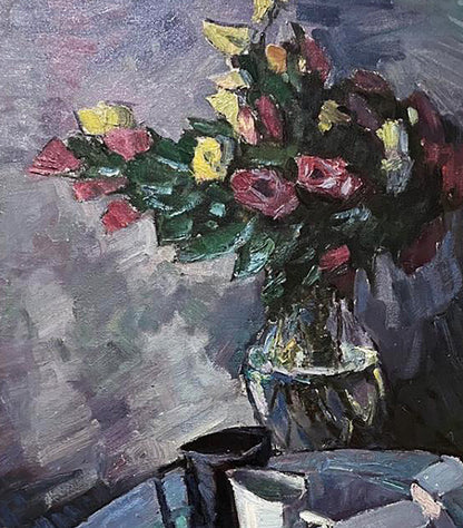 Oil painting of pink yellow roses and lemon by Oleksandr Andreev