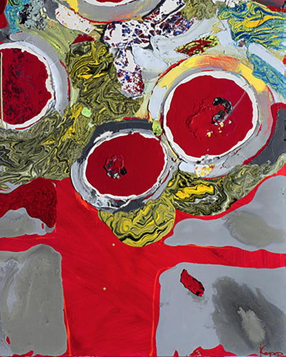 Vibrant Winter Flowers oil painting by Natalia Korf-Ivaniuk with bold red circles