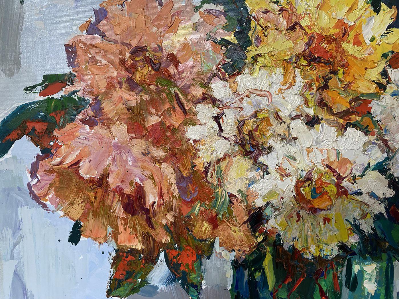 Vibrant impressionist oil painting Autumn dahlias by Oksana Ivanyuk