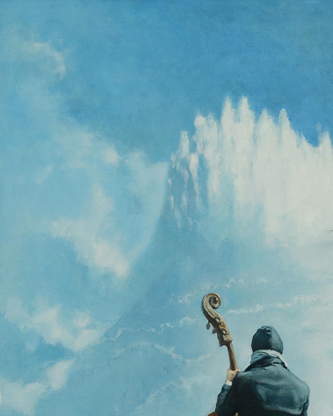 Oil painting of contrabass on langeron by Oleg Kateryniuk with mountains