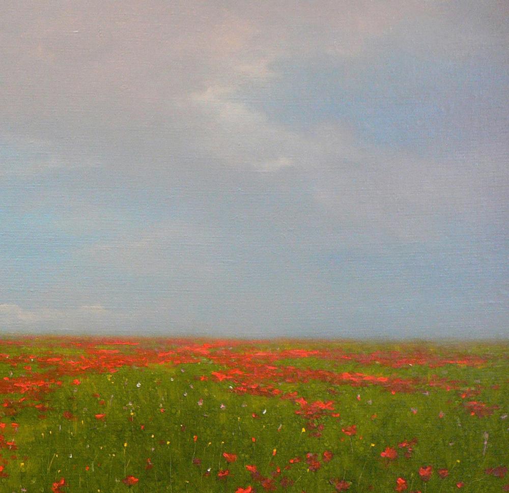 Oil painting of blooming red poppy field by Vasily Korkishko