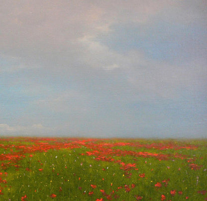 Oil painting of blooming red poppy field by Vasily Korkishko