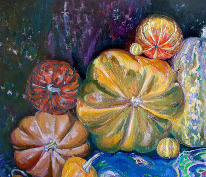 Vibrant oil painting of large and small pumpkins by Leonid Pavlenko