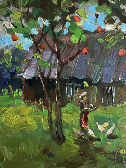 Vibrant impressionist oil painting by Yuriy Suprunchuk of rustic countryside cottage with orange fruit tree