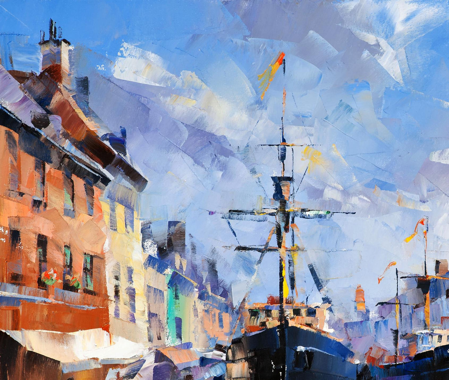 Vibrant impressionistic oil painting of Port of Gandia harbor by Volodymyr Gluhomanyuk