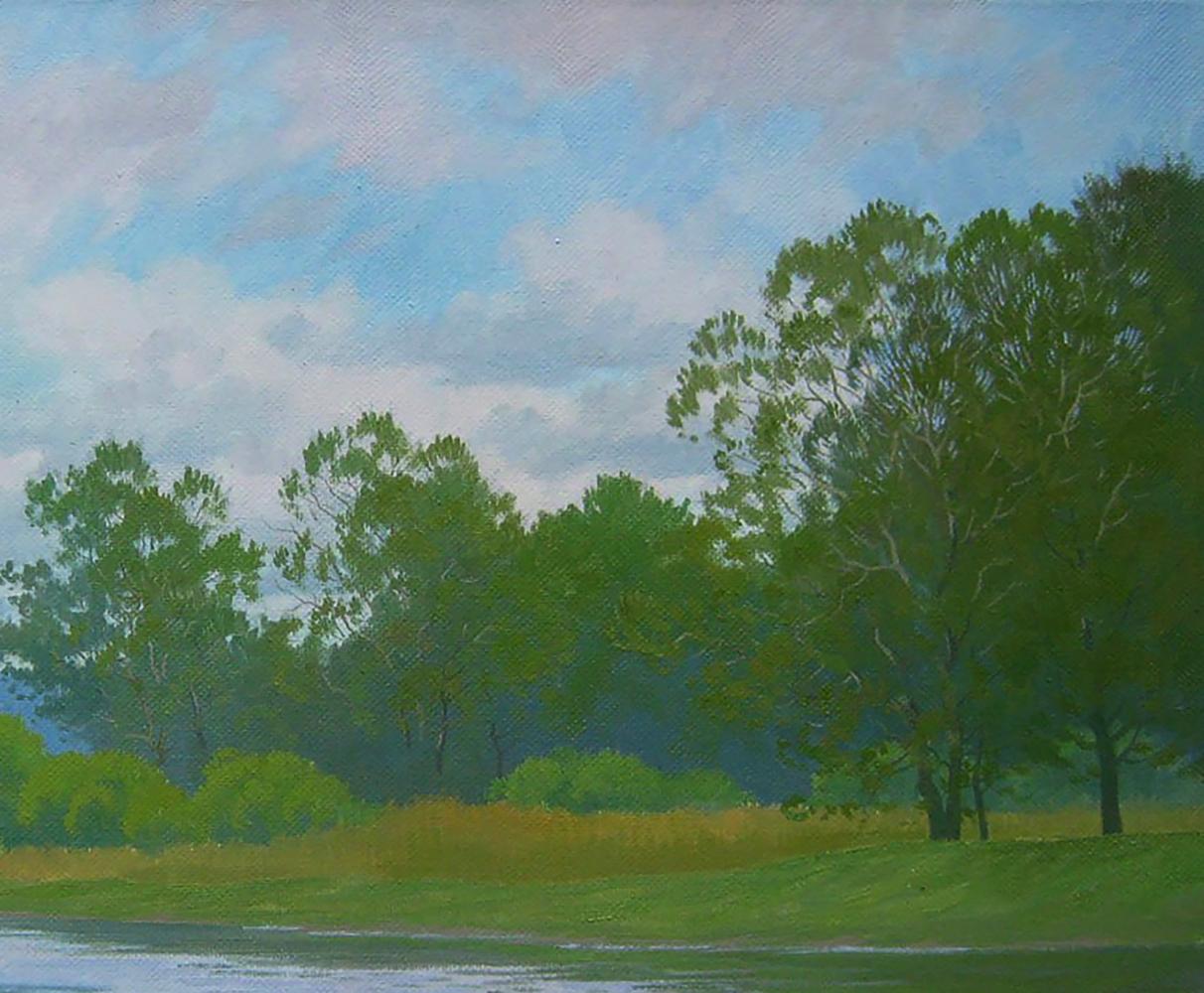 Oil painting On the summer lake Valery Savenets lush trees blue sky