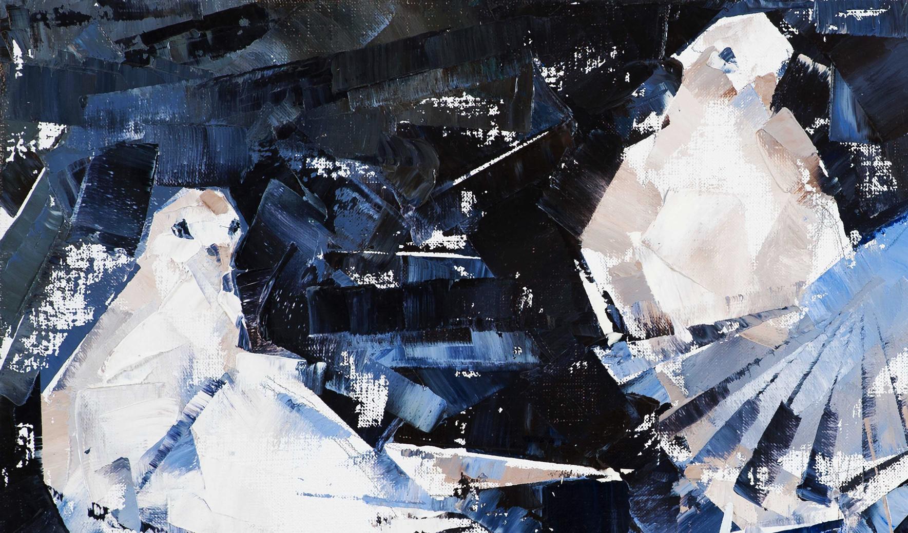Abstract oil painting Under the Wings by Volodymyr Gluhomanyuk in deep blues