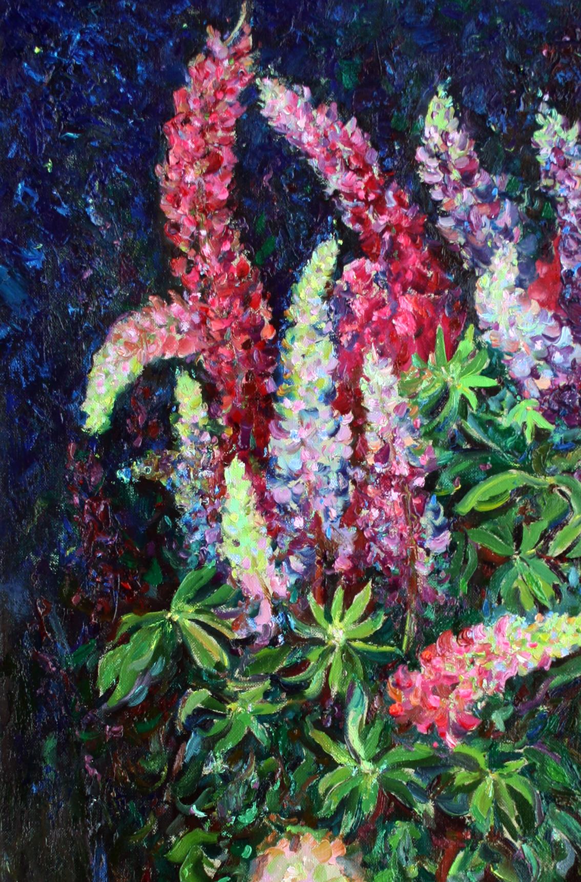 Vibrant red pink purple lupine flowers by Leonid Pavlenko oil painting