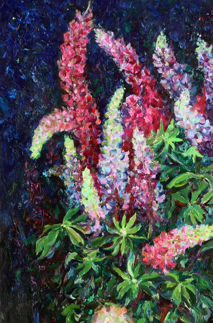 Vibrant red pink purple lupine flowers by Leonid Pavlenko oil painting