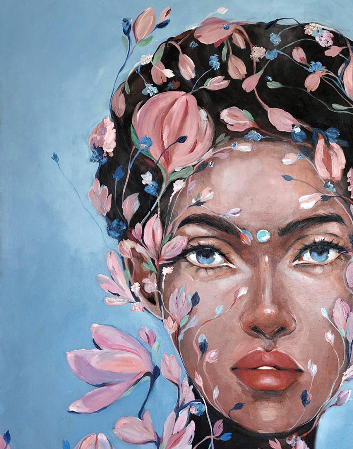 Oil painting Transformation Victoria Kagalovska: womans face with pink blue flowers