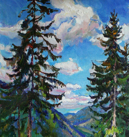 Vibrant impressionist oil painting Sunny day Leonid Pavlenko evergreen trees blue sky