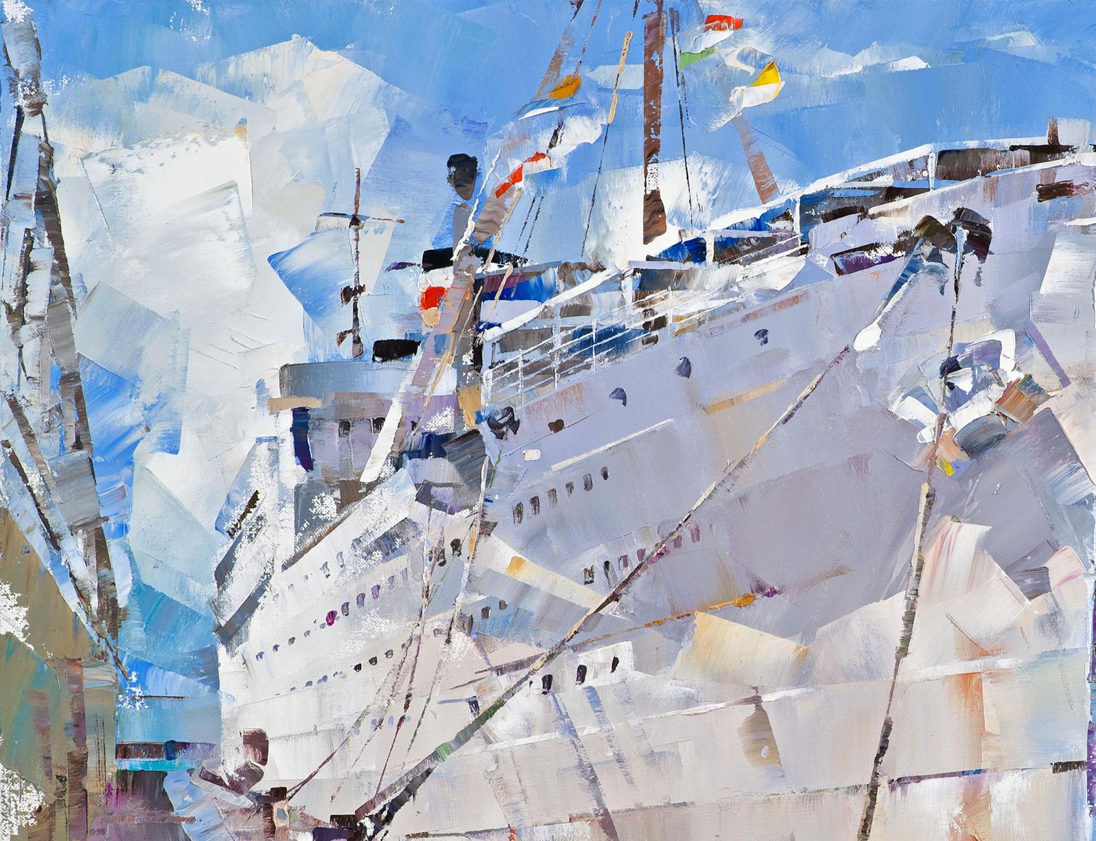 Oil painting of white passenger steamship Milwaukee by Volodymyr Gluhomanyuk