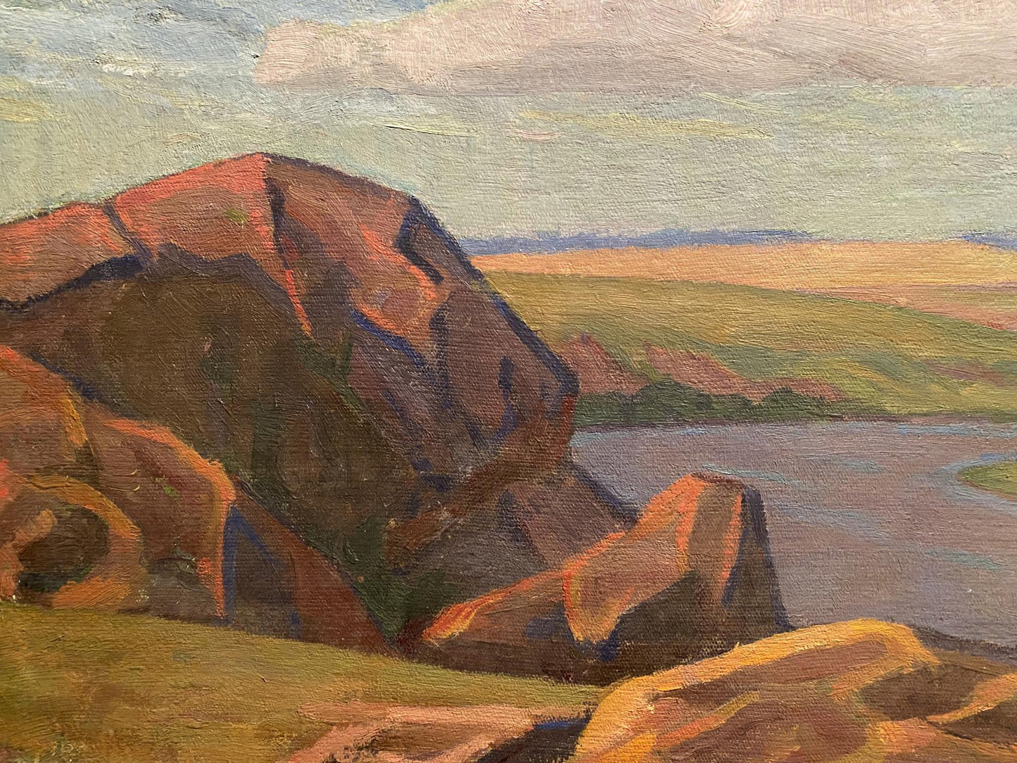 Oil painting of river view rock formation by Nikolai Hrustalenko